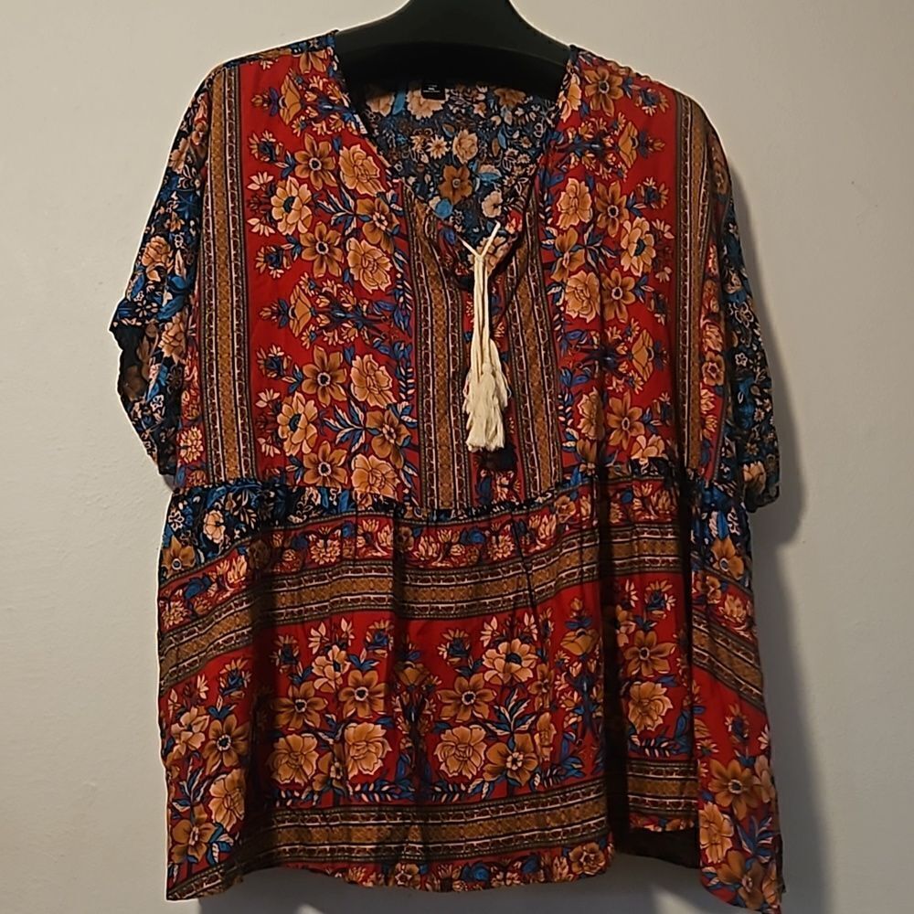Sason Curve Floral Blouse Blue & Red Size 3XL